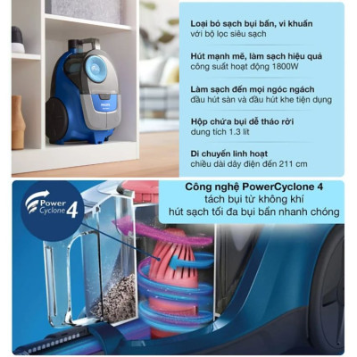 Máy hút bụi thương hiệu cao cấp Philips XB2022/81 - Công suất 1500W - Hàng Nhập Khẩu