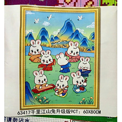 [Thêu 4 sợi] Tranh thêu kín Thỏ vui ca 63417, kích thước 60 x 80 cm