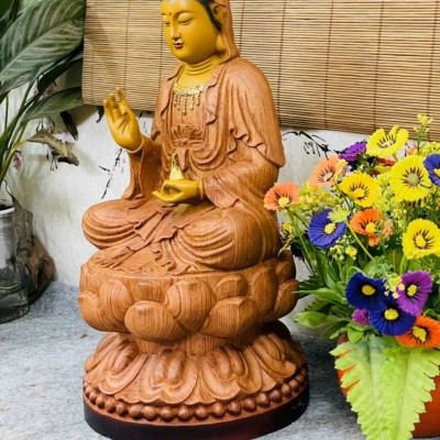 Tượng phật bà quan âm ,bồ tát bằng gỗ hương đá tô làm mầu giả cổ kt cao 40×20×20cm