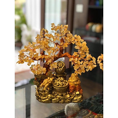 Cây Tài Lộc với tiểu cảnh thiềm thừ cóc ngậm tiền và bát tụ bảo, tụ tài, hủ vàng phong thủy đá thạch anh vàng - Cao 30 cm