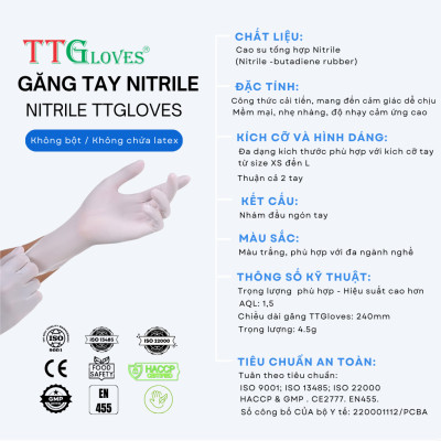 Găng Tay Y Tế Size XS Không Bột Nitrile TTGLOVES Màu Trắng (100 Chiếc/hộp)