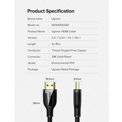 Ugreen UG60438ED030TK 1M 4K 60Hz 2.0 18Gbps màu đen Cáp HDMI độ phân giải Cao - HÀNG CHÍNH HÃNG