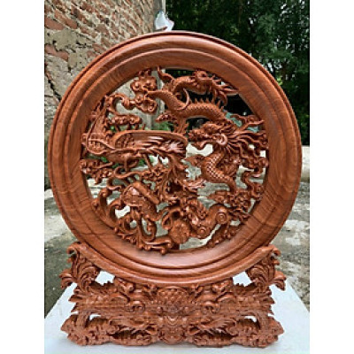 ĐĨA TRANH TRÍ PHONG THỦY TRẠM KHẮC TỨ LINH BẰNG GỖ HƯƠNG ĐÁ KT MẶT TRÒN 45×4CM