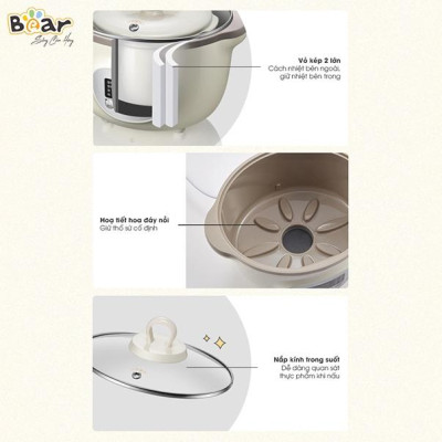 Nồi Nấu Chậm 1,6L Bear Chính Hãng Đa Năng Nấu Cháo, Chưng Yến Bản Quốc Tế - Hàng chính hãng