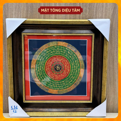 Tranh Mandala Chú Om Mani Padme Hum kèm khung 32cm Vẽ Tay Thủ Công Nepal Tranh chú lục tự chân ngôn Mật tông Diệu Tâm