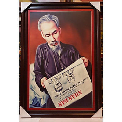 TRANH IN DẦU- BÁC HỒ NGỒI ĐỌC BÁO 