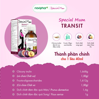 Siro Special Mum Transit bổ sung chất xơ, hỗ trợ tiêu hóa cho phụ nữ mang thai. Hỗ trợ tăng lợi khuẩn, làm mềm phân, giúp nhuận tràng cho mẹ bầu- 200ml