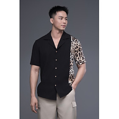 Áo sơ mi danton đen xô cát phối beo LM112453 [BST Da Beo]
