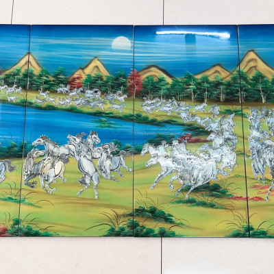 Bộ Tranh sơn mài 4 tấm - BÁCH MÃ ĐỒ BỘ - Size 80X160CM - Khảm cừ cao cấp