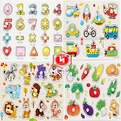 Đồ Chơi Trẻ Em - Đồ Chơi Xếp Hình - Combo 4 Bảng Núm Gỗ Cho Bé