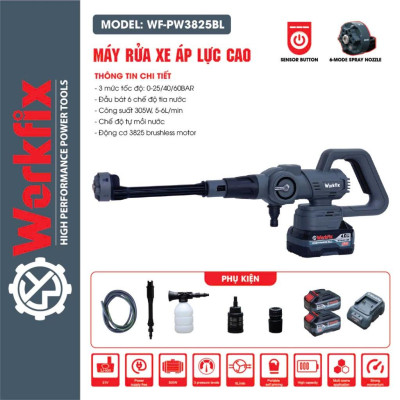 Máy rửa xe dùng pin Workfix WF- PW3825BL, Nút cảm ứng chỉnh 3 cấp tốc độ, Động cơ Không chổi than