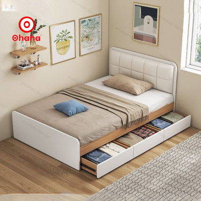 [Miễn phí lắp đặt & vận chuyển] Giường ngủ gỗ cao cấp 2 hộc kéo bọc nệm đầu giường hiện đại Ohaha  - GN003