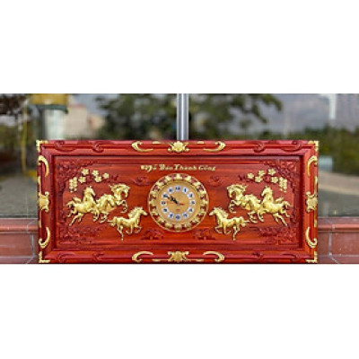 Tranh đồng hồ treo tường khắc tích mã đáo thành công bằng gổ hương đỏ kt 48×108×4cm