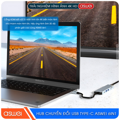 Hub Chuyển Đổi USB Type C ASWEI 6 in 1 - HDMI, USB 3.0, SD, TF, PD 100W Tốc Độ Cao - Hàng Chính Hãng