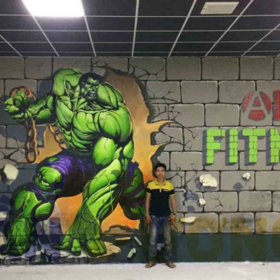 Tranh dán tường 3d phòng gym người khổng lồ GY26