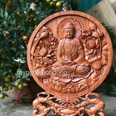 Đĩa khắc phật adi đà bằng gỗ hương đá kt mặt tròn 40cm 