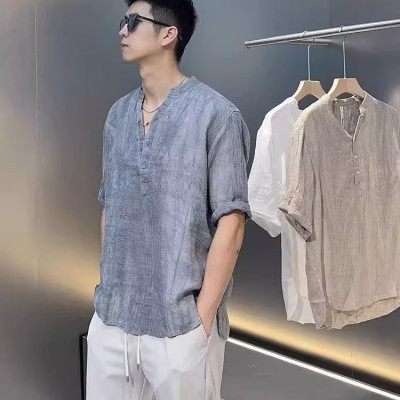 Áo sơ mi đũi nam retro ngắn tay cổ tàu mẫu mới cao cấp