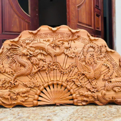 Tranh cánh quạt khắc tứ linh bằng gỗ hương đá kt 100×50×4cm 