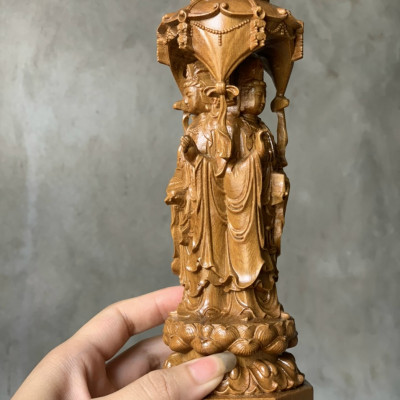 Tượng phật tam thánh bằng gỗ bách xanh thơm nức kt 20×8×7cm 