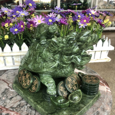Tượng Long Quy ( Rùa đầu rồng ) cõng con phong thủy đá ngọc Ấn Độ - Dài 22 cm