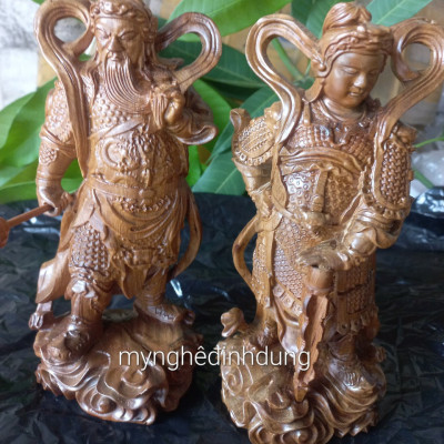 Tượng hai vị hộ phát _ Vi đà tôn thiên và quan công bằng gỗ bách xanh thơm nức kt cao 20x9x7cm 