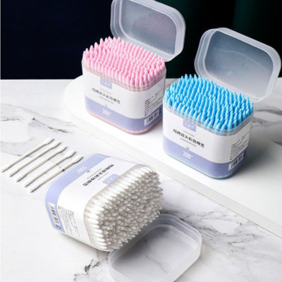 Hộp 200 Tăm Bông Ngoáy Tai Hai Đầu Vệ Sinh Tai Mũi Trang Điểm Kháng Khuẩn Mềm Mịn