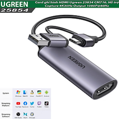 Cáp ghi hình HDMI Ugreen 25854 CM716 sang USB A/ USB C Hỗ trợ Capture 4K30Hz Output 1080P@60Hz - Hàng chính hãng