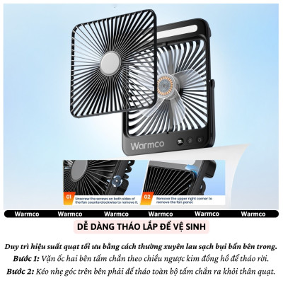 Quạt để bàn / treo đa năng turbo siêu mỏng 20.000 mAh, đèn led chiếu sáng 4 cấp độ gió,dùng làm Pin sạc dự phòng cho iphone ipad điện thoại hiệu Warmco D4 - Gió Mạnh, Êm Ái,hạn chế tiếng ồn, tích điện sạc cắm trại, du lịch, gia đình - Hàng nhập khẩu
