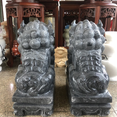 Cặp Kỳ Lân phong thủy đá cẩm thạch vân đen gác cổng, trang trí mộ - Cao 40cm