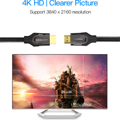 Cáp HDMI 2.0 Vention bện nylon cao cấp, hỗ trợ 2k, 4k hàng chính hãng