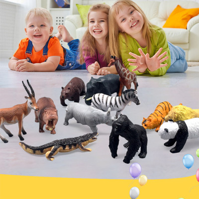 Bộ 12 đồ chơi Động Vật hoang dã Hổ Voi Gấu Tê Giác Cá Sấu Ngựa Vằn Sư Tử Nai Khỉ Hà Mã Wild Animals size trung 8cm cho bé 3 tuổi New4all