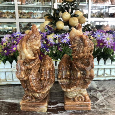 Cặp Rồng đứng phong thủy đá cẩm thạch vân gỗ - Cao 20cm