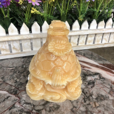 Tượng Long Quy ( Rùa đầu Rồng ) cõng gậy như ý phong thủy đá ngọc hoàng long - Dài 15 cm