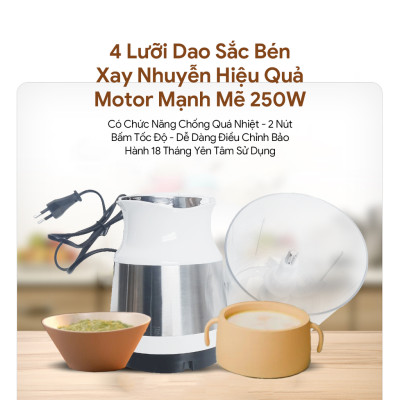 Máy Xay Mini Mishio MK389 - Dung Tích 0.8L, Xay Đồ Ăn Dặm, Gia Vị, Đồ Khô, Công Suất 250W Mạnh Mẽ - Hàng chính hãng