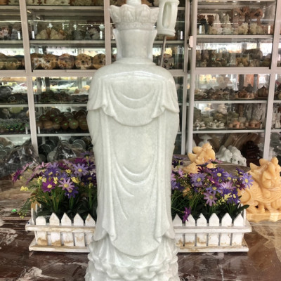 Tượng địa tạng vương bồ tát đứng đài sen đá cẩm thạch trắng xanh - Cao 54 cm