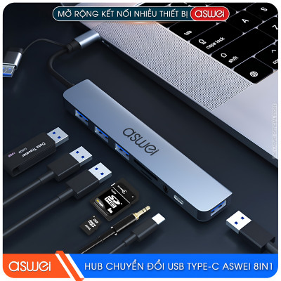 Hub Chuyển Đổi USB Type C ASWEI 8 in 1 - USB 3.0, SD, TF, USB C, Audio 3.5 Tốc Độ Cao - Hàng Chính Hãng
