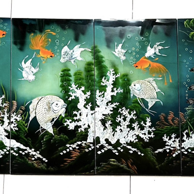 Bộ Tranh sơn mài 4 tấm - QUẦN NGƯ HỘI TỤ size 80x160 cm hàng cao cấp dày dặn xuất khẩu