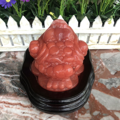 Tượng Cóc Ba Chân, Cóc Ngậm Tiền, Thiềm Thừ phong thủy chiêu tài lộc đá núi lửa Obsidian đỏ - Nặng 1,37 kg