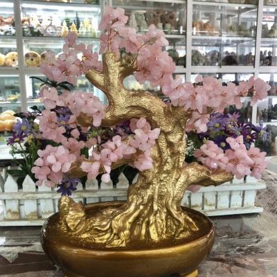 Cây tài lộc bonsai phong thủy đá thạch anh hồng - Cao 40 cm