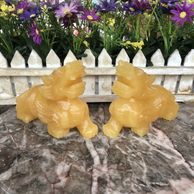Cặp Tỳ Hưu phong thủy đá thạch anh vàng - Dài 13 cm