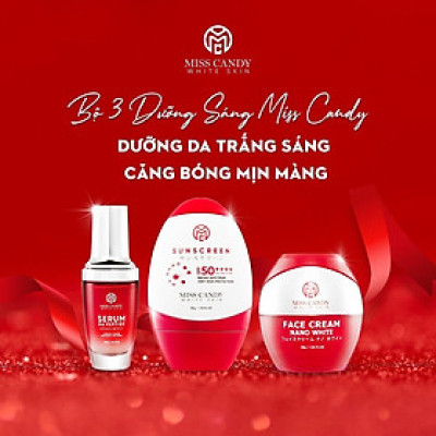 Bộ 3 Sản Phẩm Dưỡng Trắng Da Mờ Thâm, Sạm, Nám, Tàn Nhang MISS CANDY Giúp Tái Sinh Làn Da Gồm: Serum HA Peptide 30ml + Kem Dưỡng Trắng Da Face Nano 30g + Kem Chống Nắng Dưỡng Trắng Da 50g - PHỤNG BEAUTY