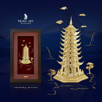 Tranh Vàng 24K PRIMA ART - THÁP VĂN XƯƠNG 9 TẦNG - Kích thước 16 x 29 cm - CGS-0401-01
