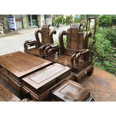 Bàn ghế tần thủy hoàng gỗ mun đuôi công tay 12 đẹp