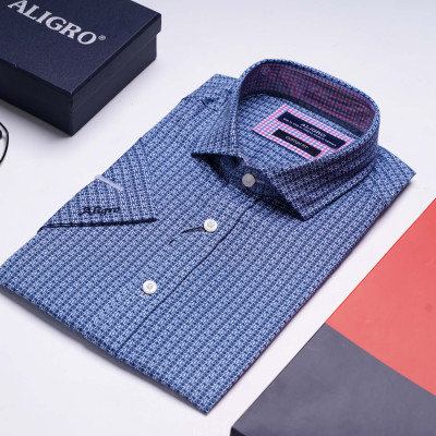 Áo sơ mi cộc tay nam Aligro form customfit màu xanh hoa  ALGS-C88