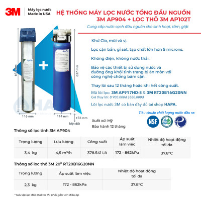 Máy Lọc Nước Đầu Nguồn 3M AP904 Lọc Tổng Sinh Hoạt Gia Đình, Căn Hộ, Chung Cư, Nhà Phố, Biệt Thự - Hàng Chính Hãng 3M Mỹ