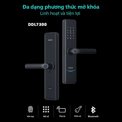 Bộ khóa cửa thông minh Bluetooth, vân tay, thẻ từ, mật khẩu và chìa cơ Philips DDL7300 - Hàng nhập khẩu