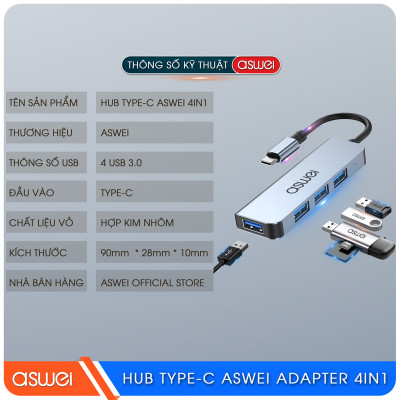 Hub Chuyển Đổi USB Type C ASWEI 4 in 1 - 4 Cổng USB 3.0 Tốc Độ Cao - Hàng Chính Hãng