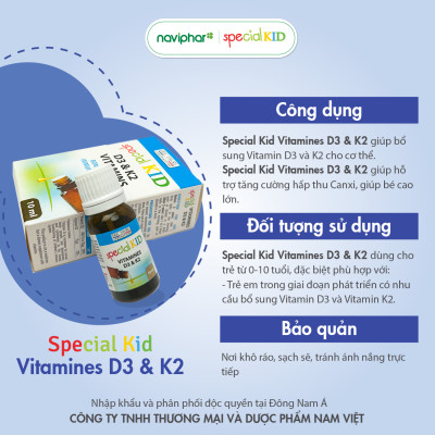 Special Kid Vitamines D3 et K2 - Hỗ trợ tăng cường hấp thu calci giảm triệu chứng còi xương, tăng chiều cao cho trẻ - 10ml
