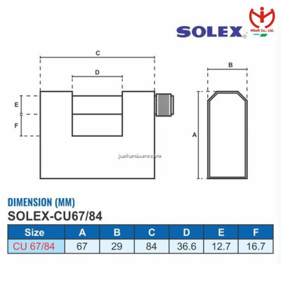 Khóa cầu ngang Solex CU 67/84 thân đồng bọc crom rộng 84mm - MSOFT