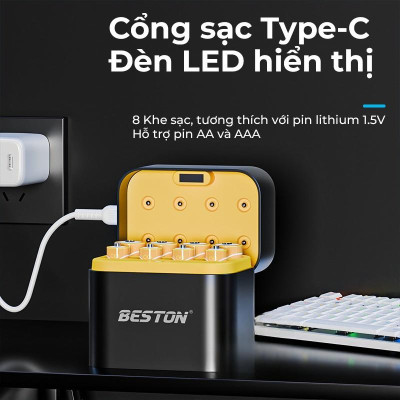 Sạc pin Beston AA AAA M7037 1.5V dùng cho pin 2A 3A 8 khe, cổng USB-C, sạc nhanh tự ngắt thông minh